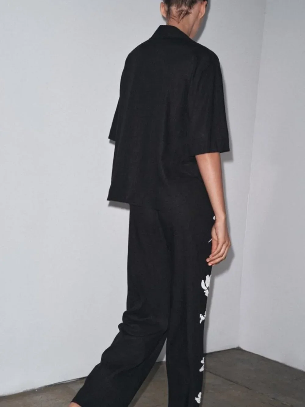 ZARA ZW Collection Embroidered Linen Blend Co Ord Set Shirt Pants Black L NWT